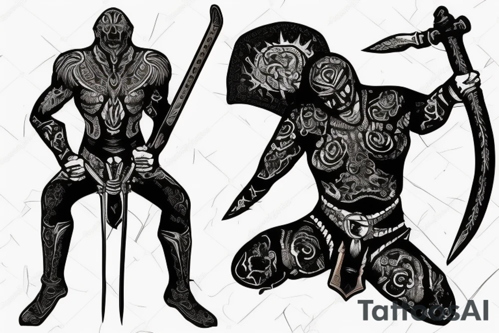 person with a sword standing on a cliff with lighting in the background tattoo idea