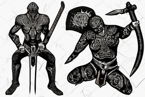person with a sword standing on a cliff with lighting in the background tattoo idea
