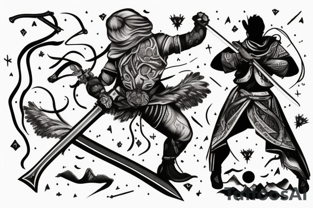person with a sword standing on a cliff with lighting in the background tattoo idea