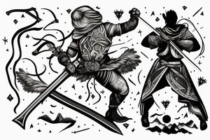 person with a sword standing on a cliff with lighting in the background tattoo idea