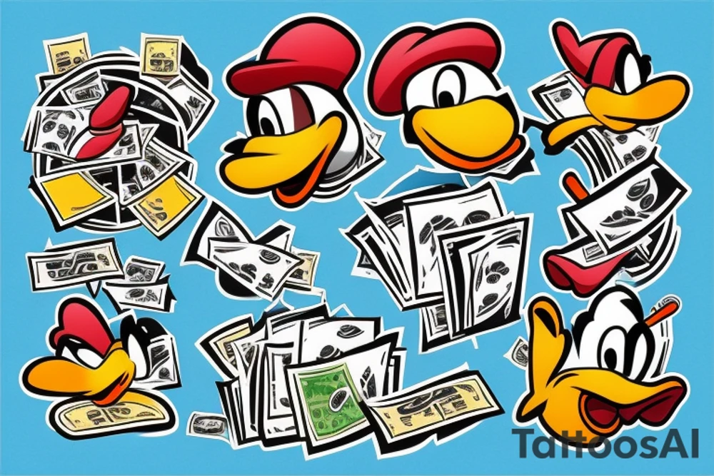 Dagobert Duck doing drugs with lots of money around tattoo idea