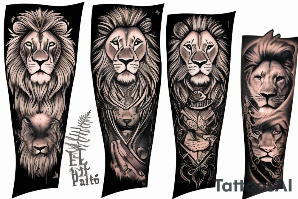 Lion with 2 cubs arm sleeve tattoo idea