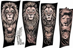 Lion with 2 cubs arm sleeve tattoo idea
