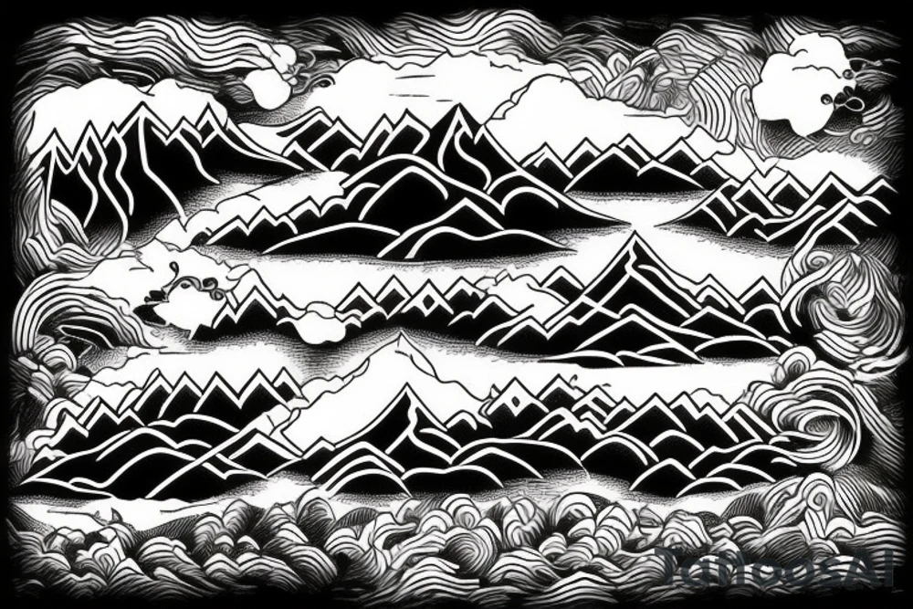 Mountain, storm, river, bridge tattoo idea
