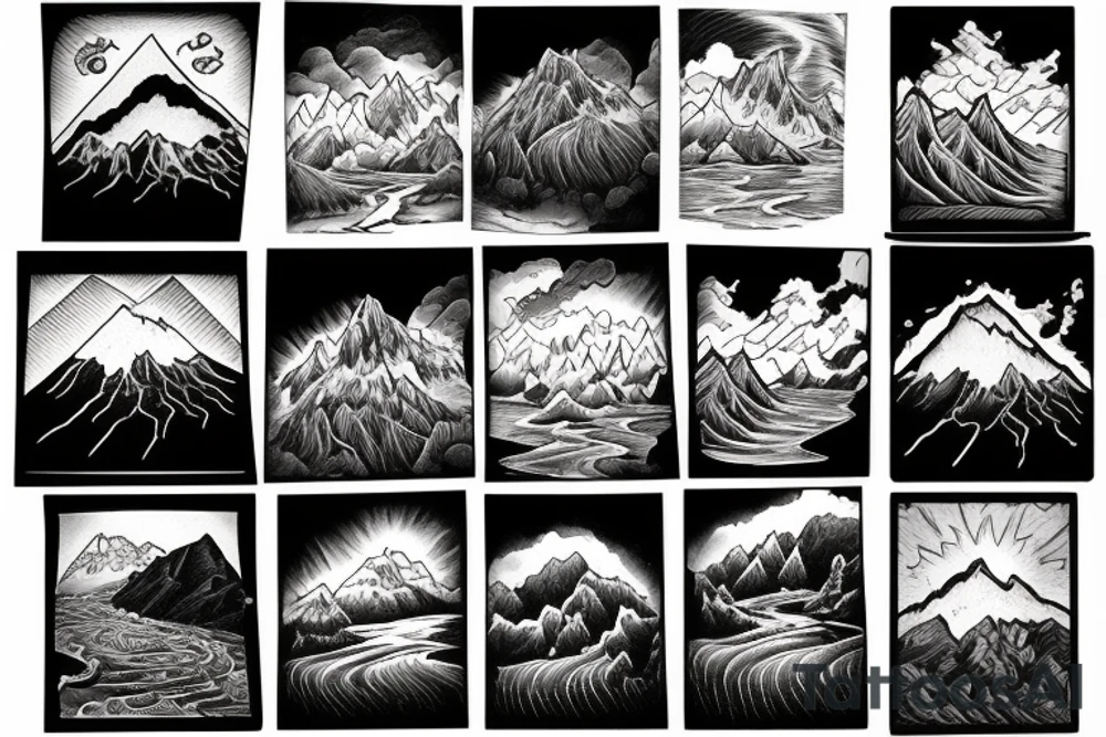 Mountain, storm, river, bridge tattoo idea