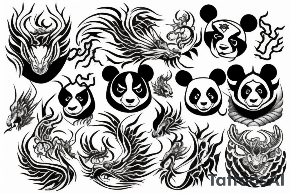 Panda, dragon, phoenix tattoo idea