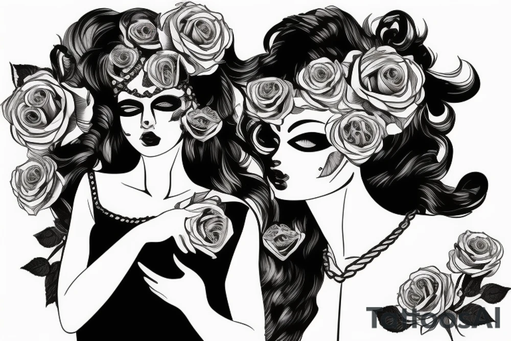 Woman with venetian mask holding a rose tattoo idea