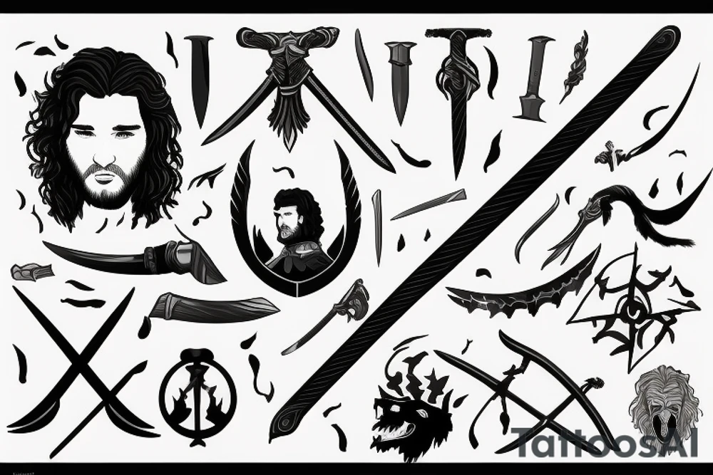 jon snow's sword surrounded with harry pptter spells tattoo idea