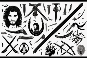 jon snow's sword surrounded with harry pptter spells tattoo idea