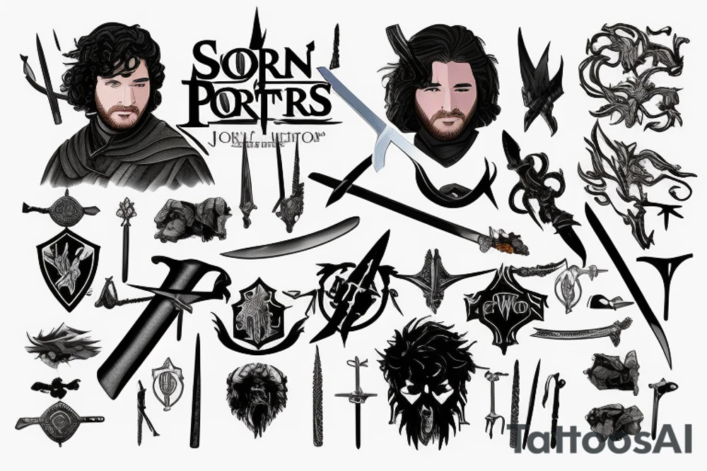 jon snow's sword surrounded with harry potter spells tattoo idea