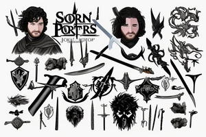 jon snow's sword surrounded with harry potter spells tattoo idea
