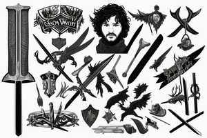 jon snow's sword surrounded with harry potter spells tattoo idea