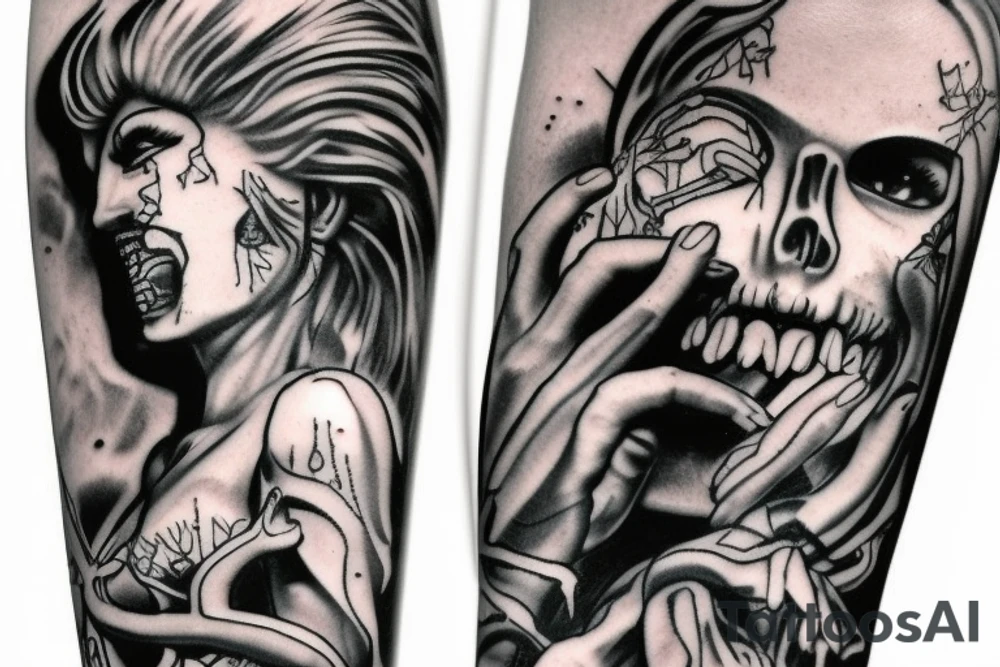 Greek god zombies leg sleeve tattoo idea