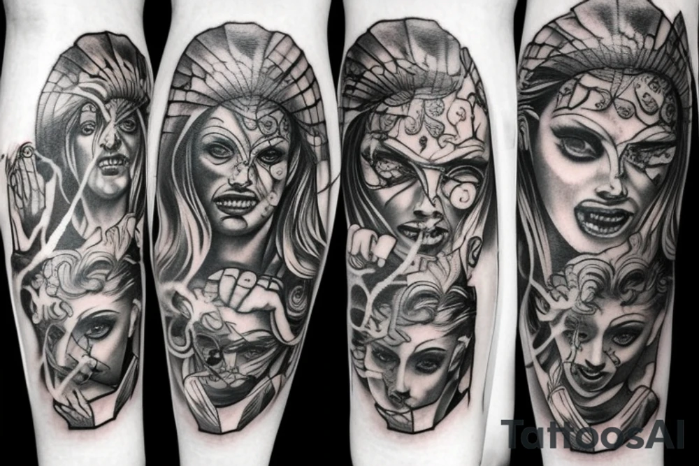 Greek god zombies leg sleeve tattoo idea