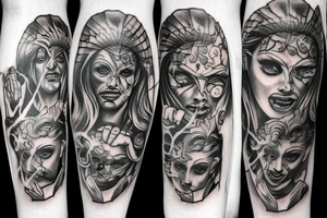 Greek god zombies leg sleeve tattoo idea