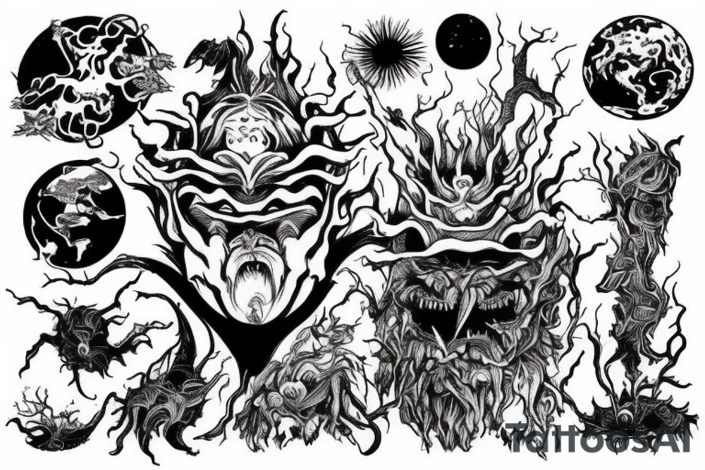 Demonic god like creature eating the planet Earth. tattoo idea