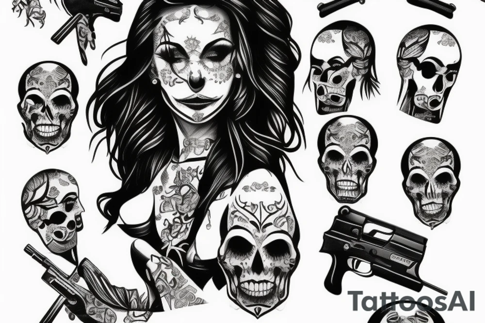 woman with skulls in her hand covered with guns tattoo idea