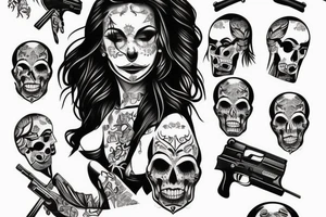 woman with skulls in her hand covered with guns tattoo idea