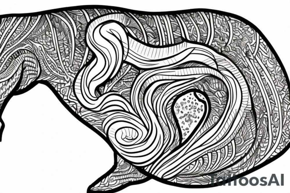 black and whit line art tattoo of a hippocampus horse, emerging to the surface fro the sea tattoo idea