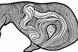 black and whit line art tattoo of a hippocampus horse, emerging to the surface fro the sea tattoo idea