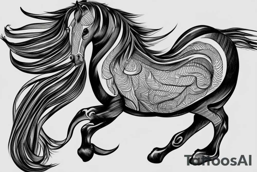 black and white line art tattoo of a hippocampus horse, emerging to the surface from the sea tattoo idea