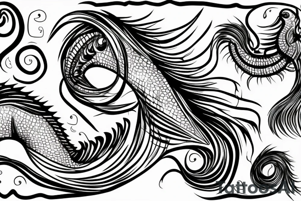 black and white line art tattoo of a sea horse, emerging to the surface from the sea tattoo idea
