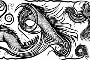 black and white line art tattoo of a sea horse, emerging to the surface from the sea tattoo idea