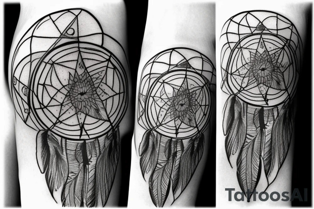 tattoo of a dreamcatcher with a compass in the middle, bw, line art, stylized tattoo idea