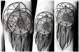 tattoo of a dreamcatcher with a compass in the middle, bw, line art, stylized tattoo idea