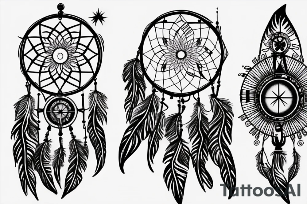 tattoo of a dreamcatcher with a compass in the middle, bw, line art, stylized tattoo idea