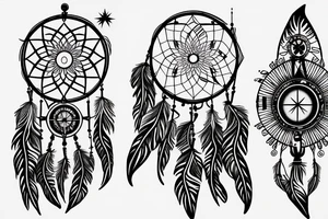 tattoo of a dreamcatcher with a compass in the middle, bw, line art, stylized tattoo idea