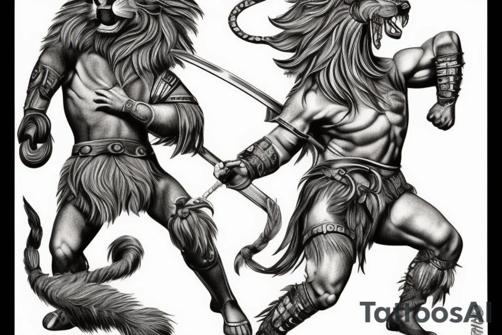 Roman warrior and lion doing battle tattoo idea