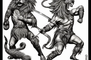 Roman warrior and lion doing battle tattoo idea