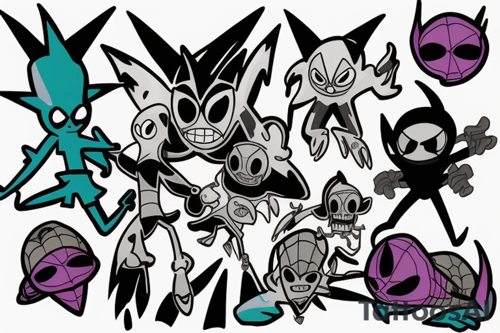 ghostfreak from ben 10, finn and jake from adventure time, spyro, crash bandicot, rayman, spiderman in a sleeve fighting tattoo idea