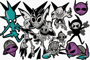 ghostfreak from ben 10, finn and jake from adventure time, spyro, crash bandicot, rayman, spiderman in a sleeve fighting tattoo idea