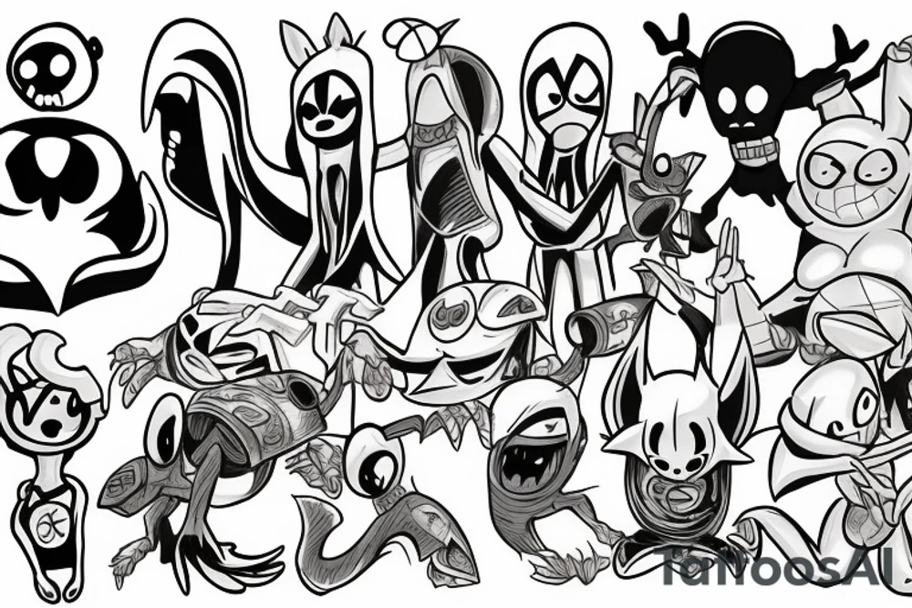 ghostfreak from ben 10, finn and jake from adventure time, spyro, crash bandicot, rayman, spiderman in a sleeve fighting tattoo idea