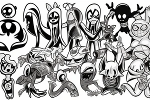 ghostfreak from ben 10, finn and jake from adventure time, spyro, crash bandicot, rayman, spiderman in a sleeve fighting tattoo idea