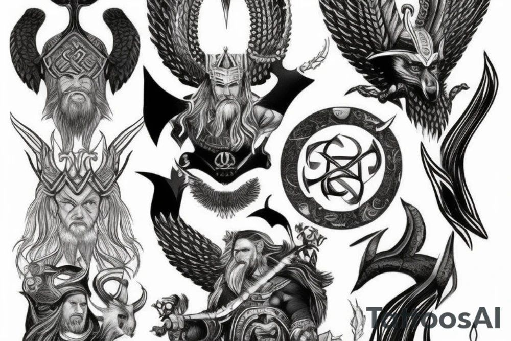 Nordic tattoo with Odin, Thor and loki. tattoo idea