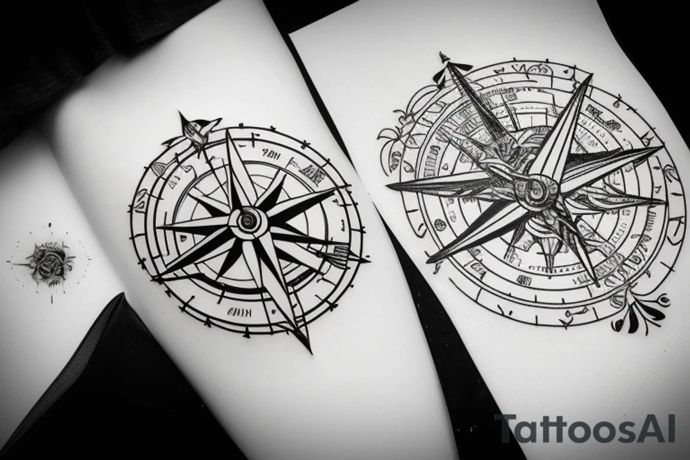 Rose compass with half of it as a city landscape with western wind direction arrow tattoo idea