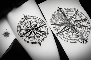 Rose compass with half of it as a city landscape with western wind direction arrow tattoo idea