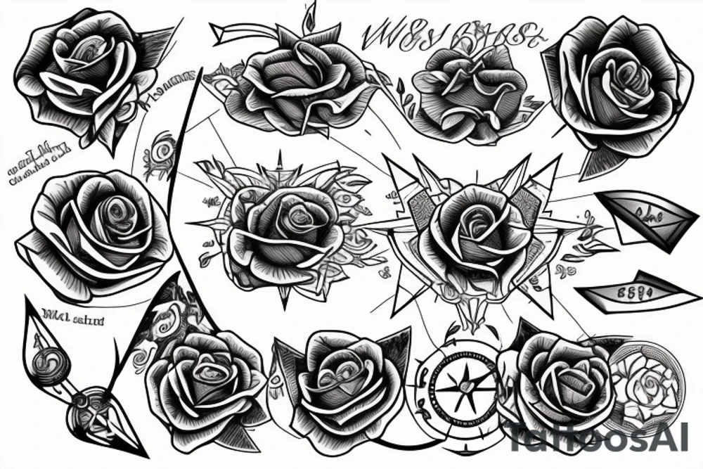 Rose compass with half of it as a city landscape with western wind direction arrow tattoo idea