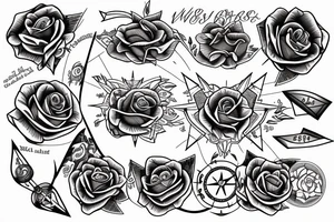 Rose compass with half of it as a city landscape with western wind direction arrow tattoo idea