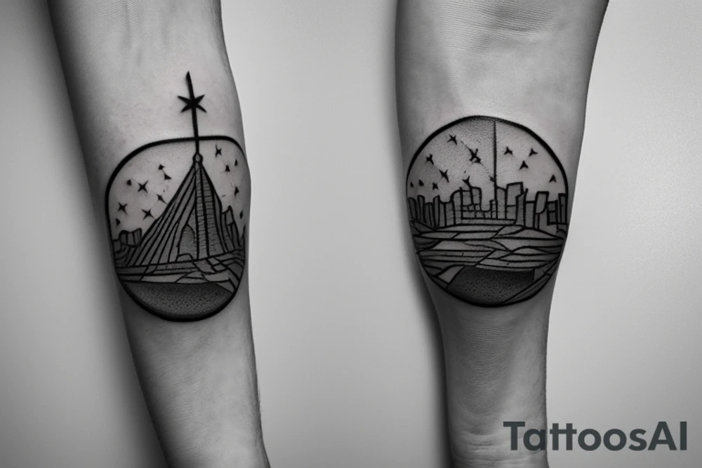 compass with half of it as a city landscape with western wind direction arrow tattoo idea