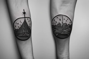 compass with half of it as a city landscape with western wind direction arrow tattoo idea