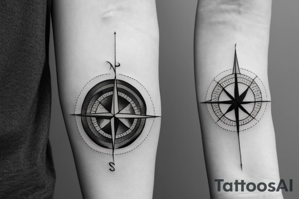compass with half of it as a city landscape with western wind direction arrow tattoo idea