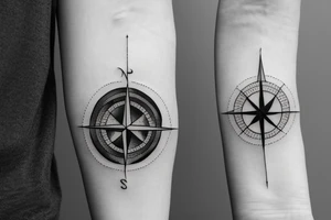 compass with half of it as a city landscape with western wind direction arrow tattoo idea
