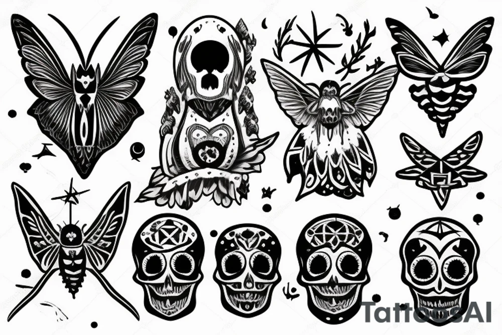 Moth with moon and skull and pentagram tattoo idea