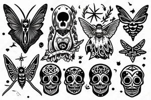 Moth with moon and skull and pentagram tattoo idea