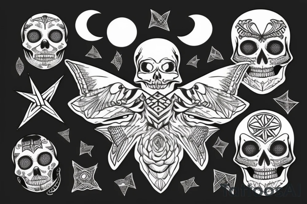 Moth with moon and skull and pentagram tattoo idea