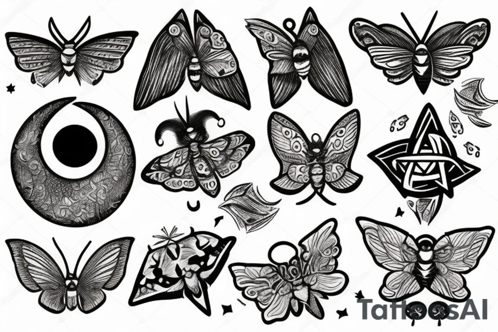 Moth with moon and pentagram tattoo idea